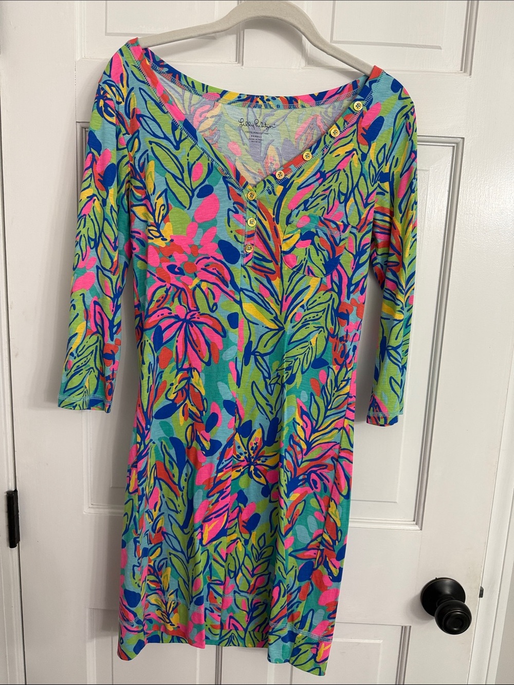 Vibrant Floral Button-Front Tunic Dress - Turquoise, Pink, Lime